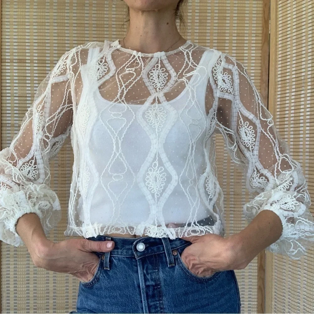 Zara white sheer lace boho long sleeve top, size Small